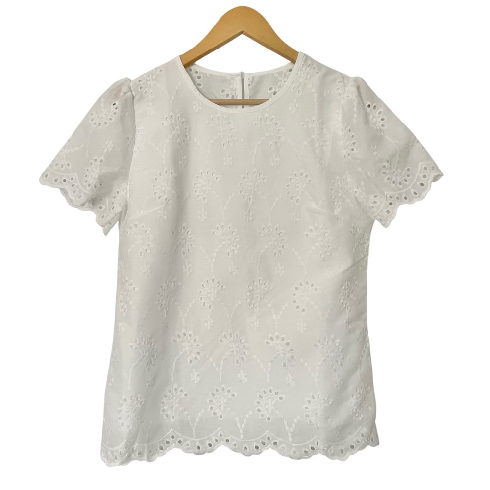 White Short Sleeve Shirt Eyelet Embroidered Euro Summer Cottagecore coastal M